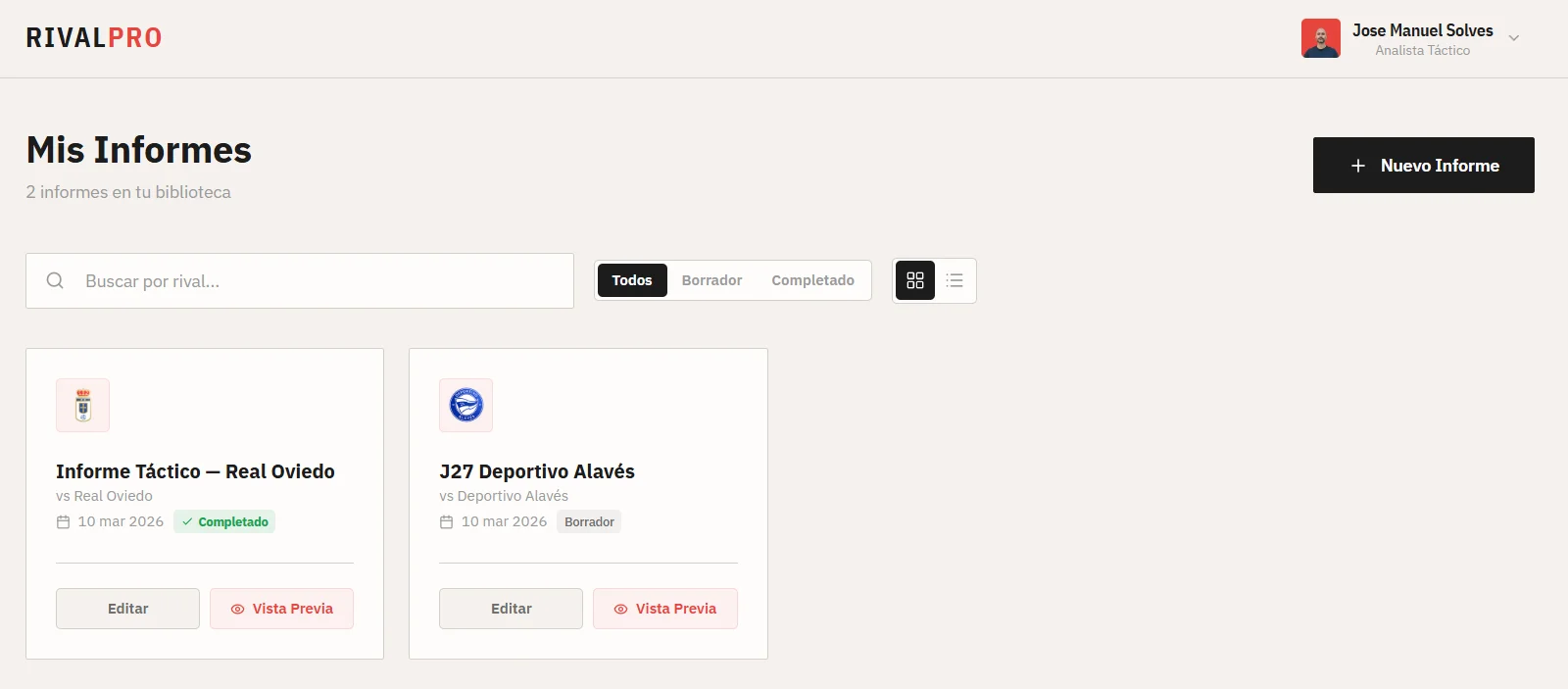 Dashboard de RivalPro con biblioteca de informes, filtros y estado de cada informe